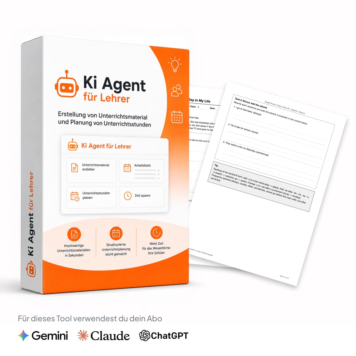 Produktbox des KI-Komplettpakets für Lehrkräfte mit Beispiel-Arbeitsblättern