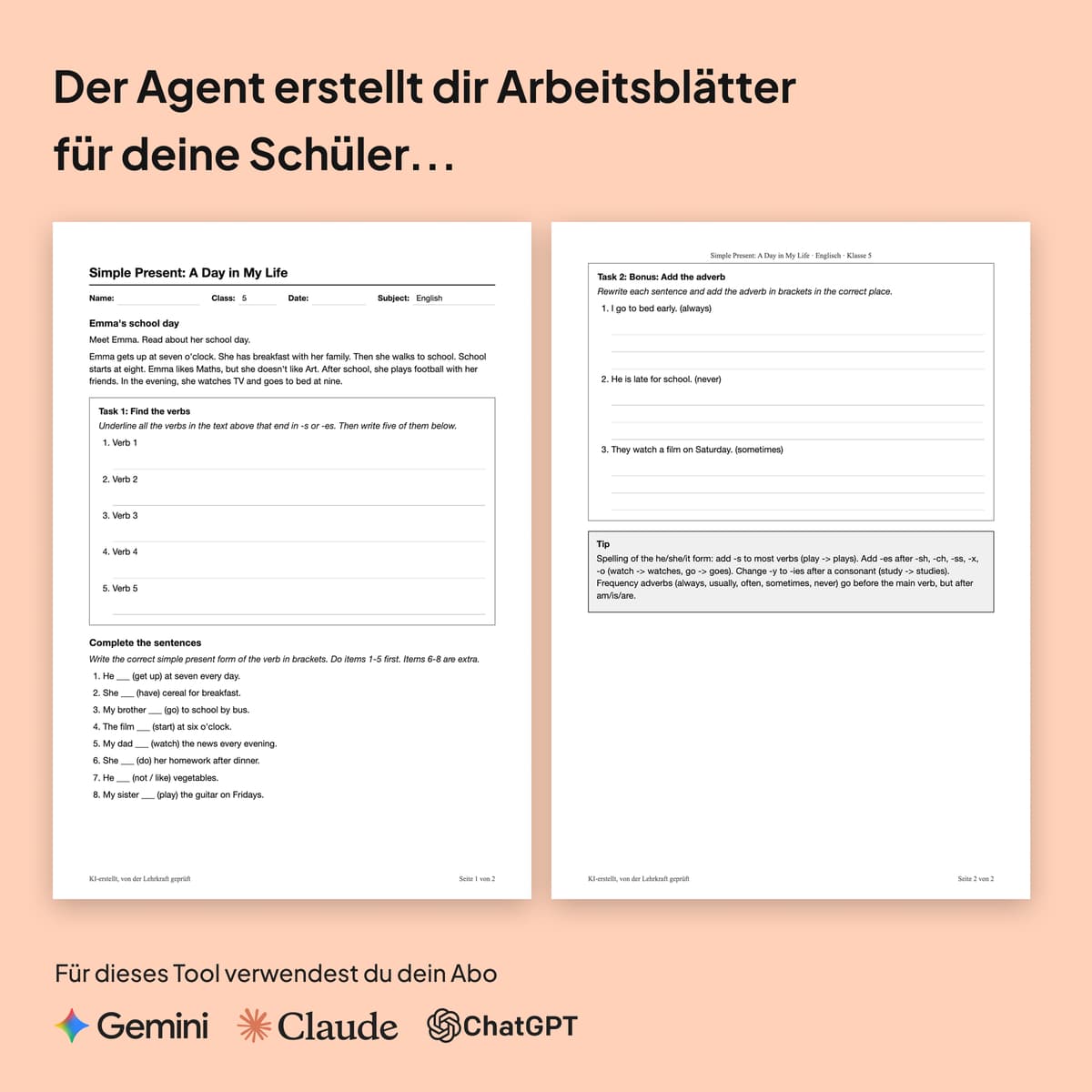 Beispiel: vom KI-Agent erstelltes Arbeitsblatt zum Simple Present